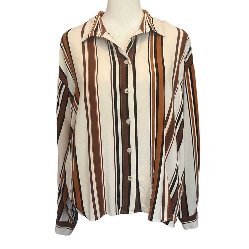 Forever 21 Women's Button Up Brown Striped Top Size S Loose Fitting​